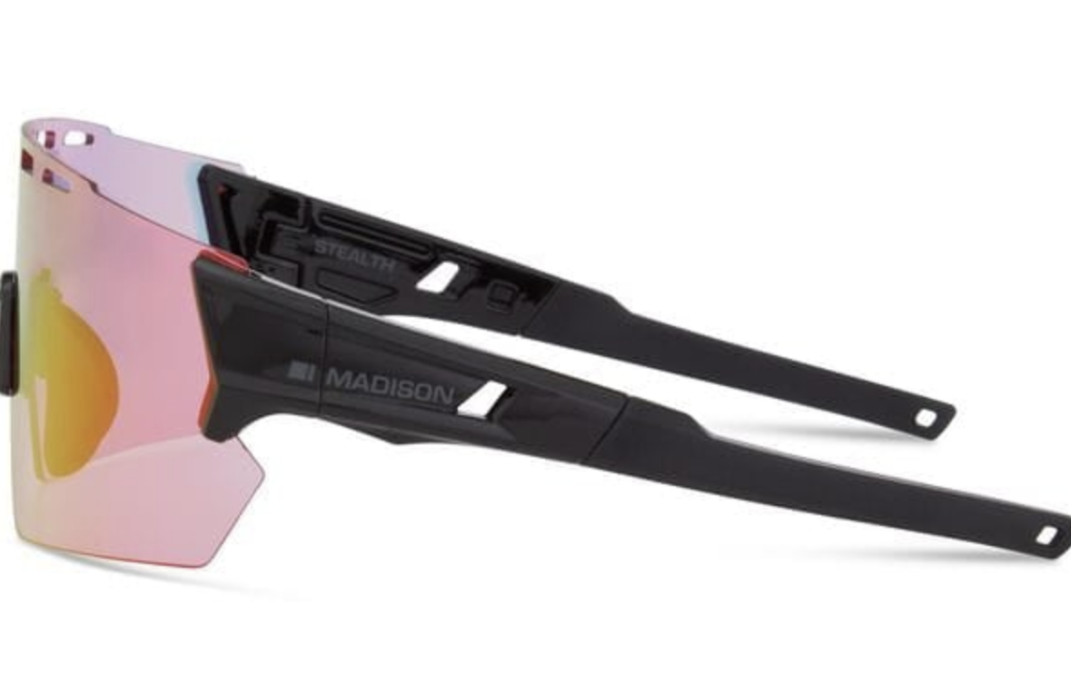 Madison Stealth Gloss Black Road ,Mountain Bike Sunglasses - 3 Lens Pack - Pink Rose Mirror / Amber / Clear